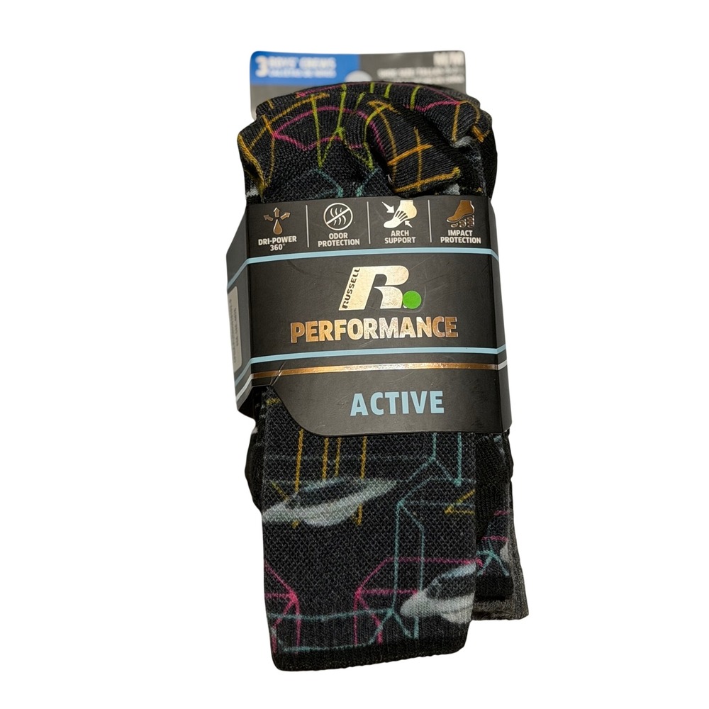 Russell Performance Active Crew Socks Black Multi Color Geometric M Boys 3 Pack